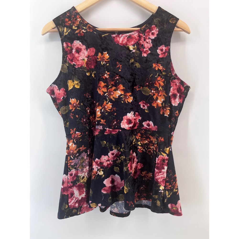 Floral Crushed Velvet Peplum Top Sleeveless Back Zip Blouse Boho Chic